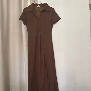Vestique Brown Sheath Maxi Dress with Notched Collar